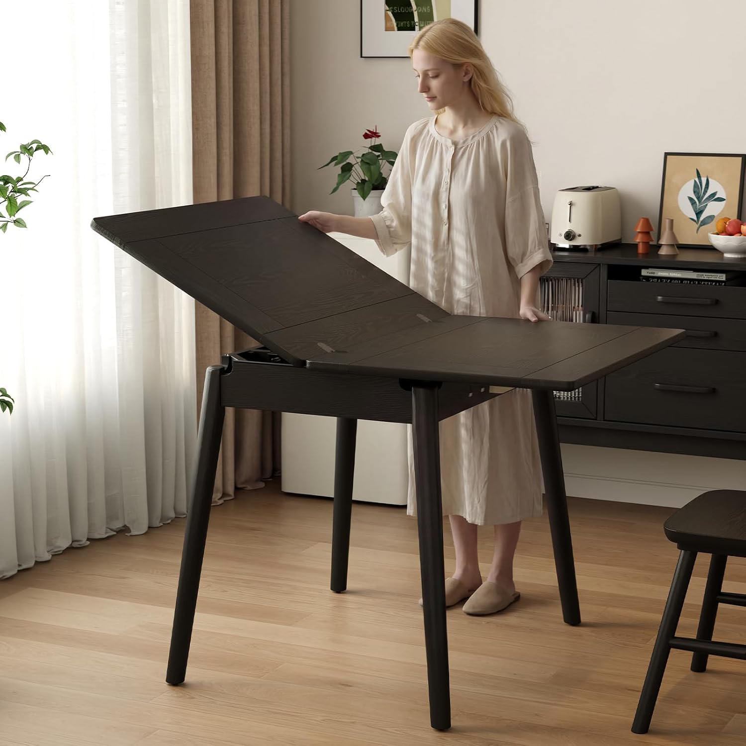 Solid Wood Small Dining Table, 23.6"L-47.2"L Expandable Kitchen Table for 2-6, Designed for Small Spaces, Easy Assembly, Suitable for Kitchen, Dining Room, Living Room, Apartment