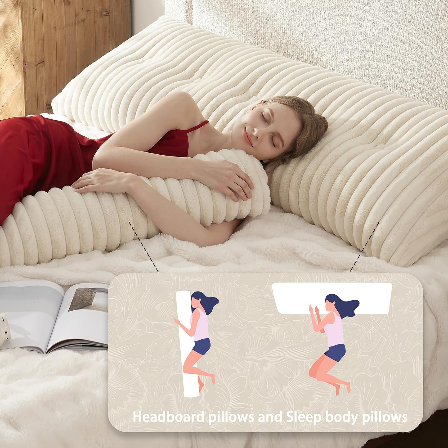 Headboard Pillow + A Long Neck Roll Pillow Body Pillow，Faux Fur Headboard Wedge Pillow with Removable Cover