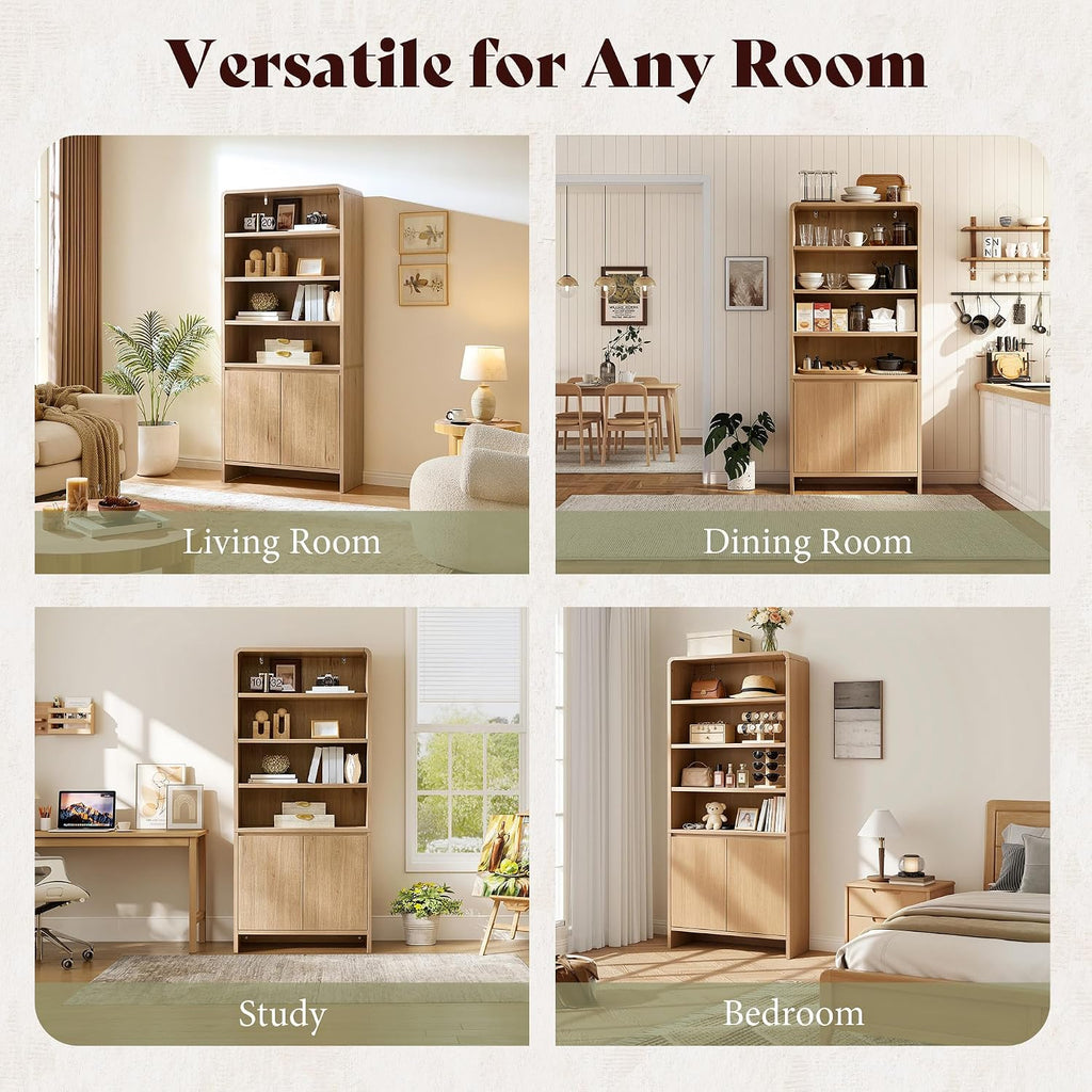 71" Modern Wood Bookcase with Storage Cabinets, Rustic Brown | 6 Tier Bookshelf, Large Space, Adjustable Shelves, Curved Design, Ideal for Living Room, Bedroom, Home Office, Easy Assembly