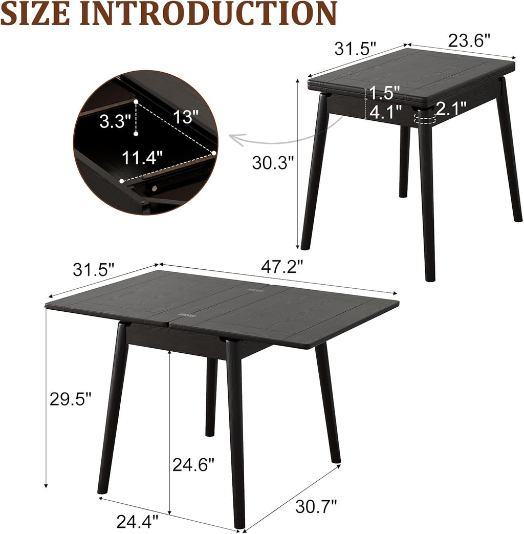 Solid Wood Small Dining Table, 23.6"L-47.2"L Expandable Kitchen Table for 2-6, Designed for Small Spaces, Easy Assembly, Suitable for Kitchen, Dining Room, Living Room, Apartment
