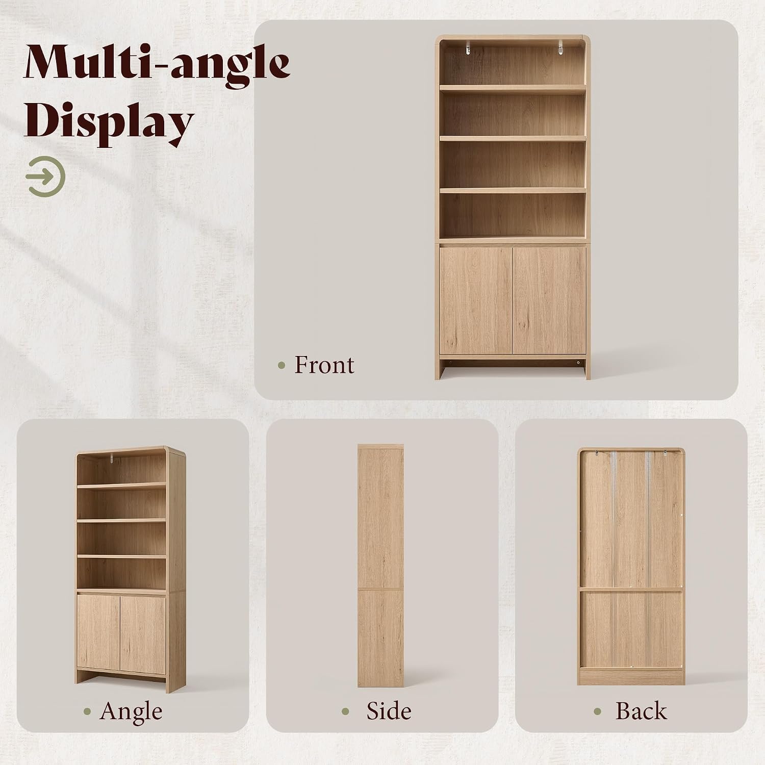 71" Modern Wood Bookcase with Storage Cabinets, Rustic Brown | 6 Tier Bookshelf, Large Space, Adjustable Shelves, Curved Design, Ideal for Living Room, Bedroom, Home Office, Easy Assembly