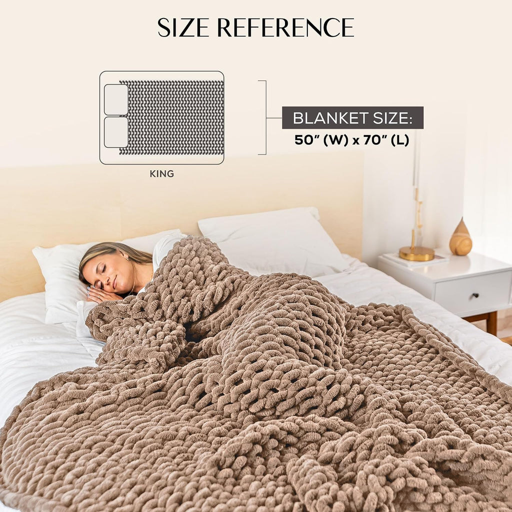 Chunky Knit Throw Blanket 50x60, Buttercream Cream Chenille Throw Blanket for Couch Bed Sofa, Soft Fluffy Cable Knit Blanket, Oeko-TEX Certified, Machine Washable