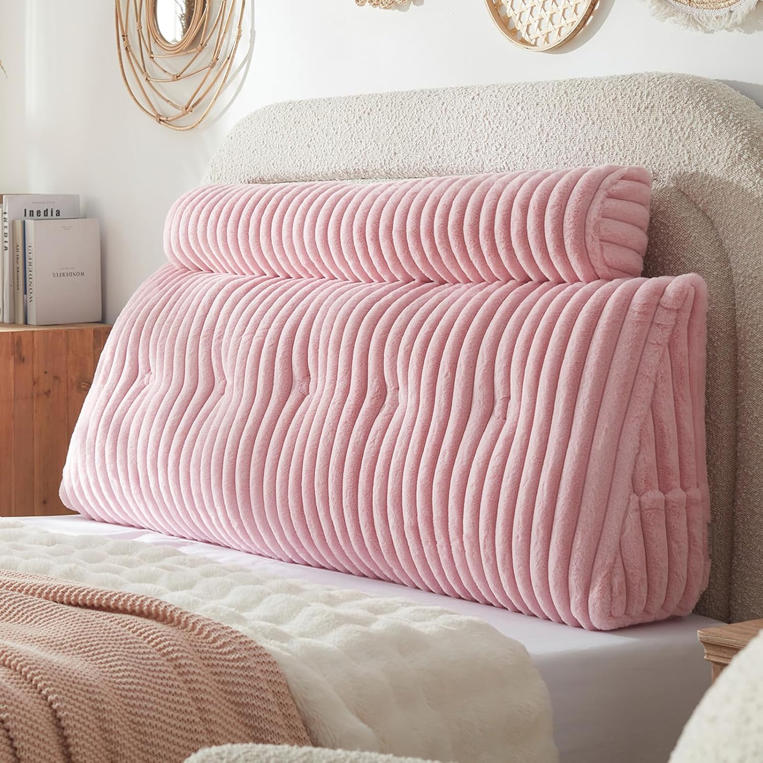 Headboard Pillow + A Long Neck Roll Pillow Body Pillow，Faux Fur Headboard Wedge Pillow with Removable Cover