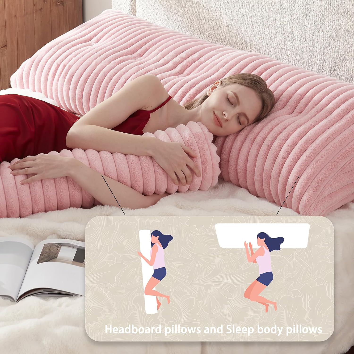 Headboard Pillow + A Long Neck Roll Pillow Body Pillow，Faux Fur Headboard Wedge Pillow with Removable Cover