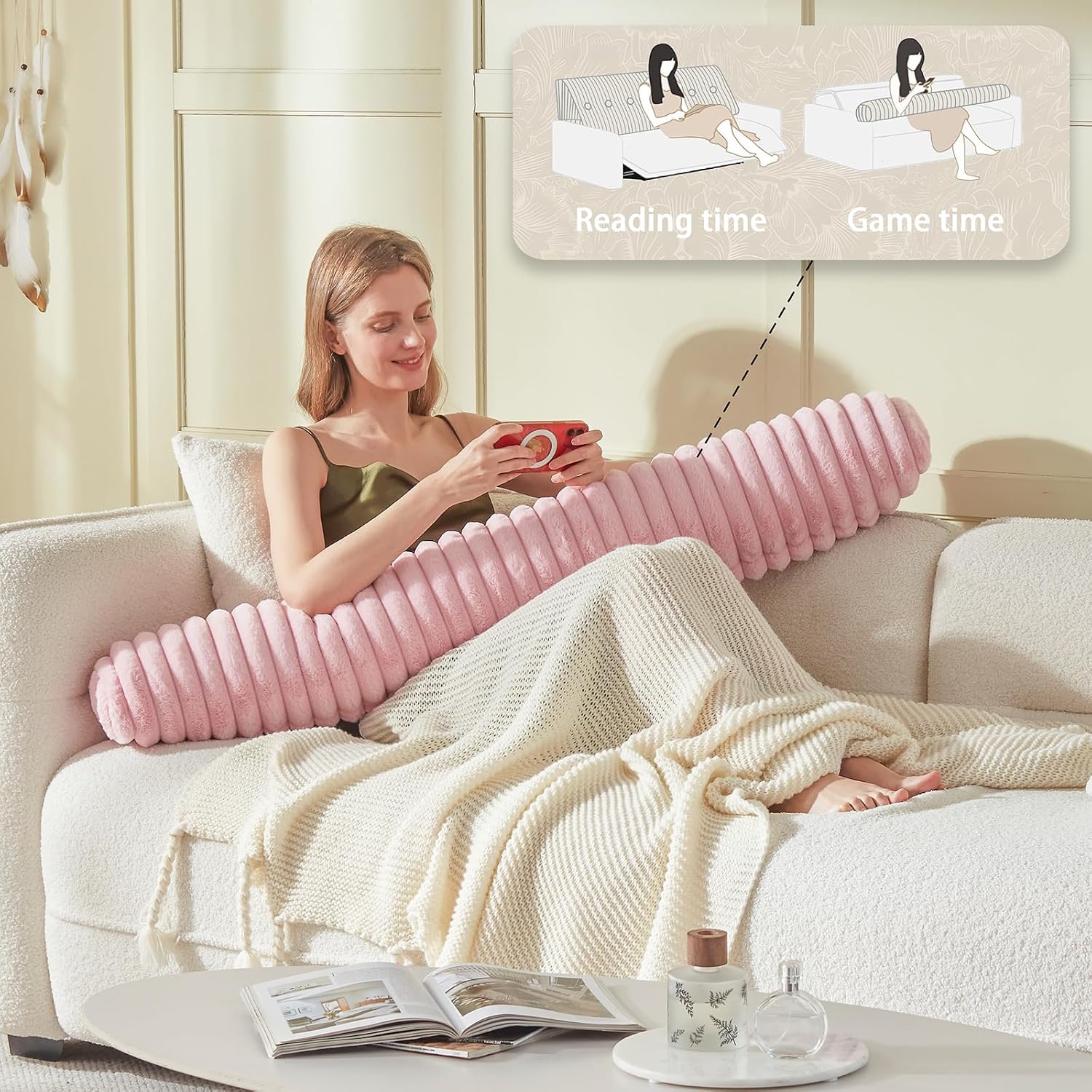 Headboard Pillow + A Long Neck Roll Pillow Body Pillow，Faux Fur Headboard Wedge Pillow with Removable Cover