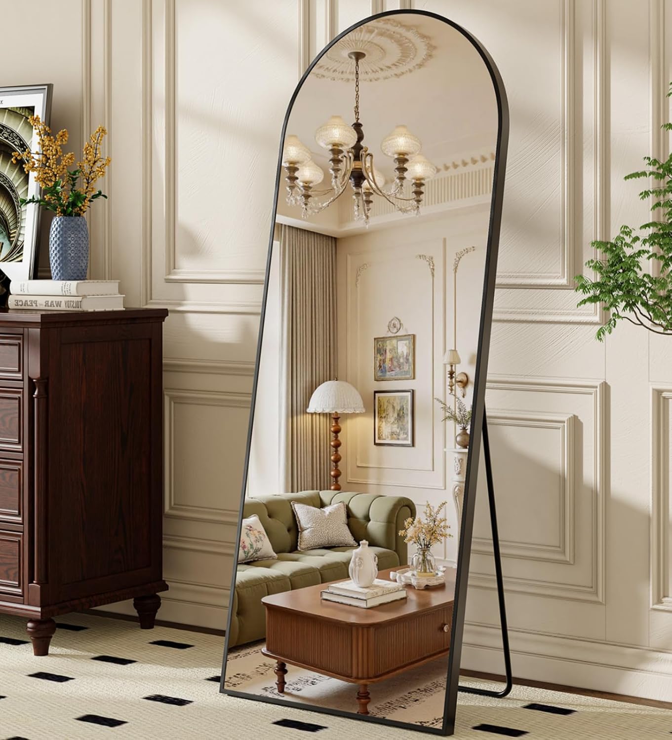 Arched Full Length Mirror, Brushed Black Aluminum Frame Floor Mirror with Stand, HD Shatterproof Glass & Rust-Proof Body Mirror for Bedroom, Living Room, Bathroom, Entryway