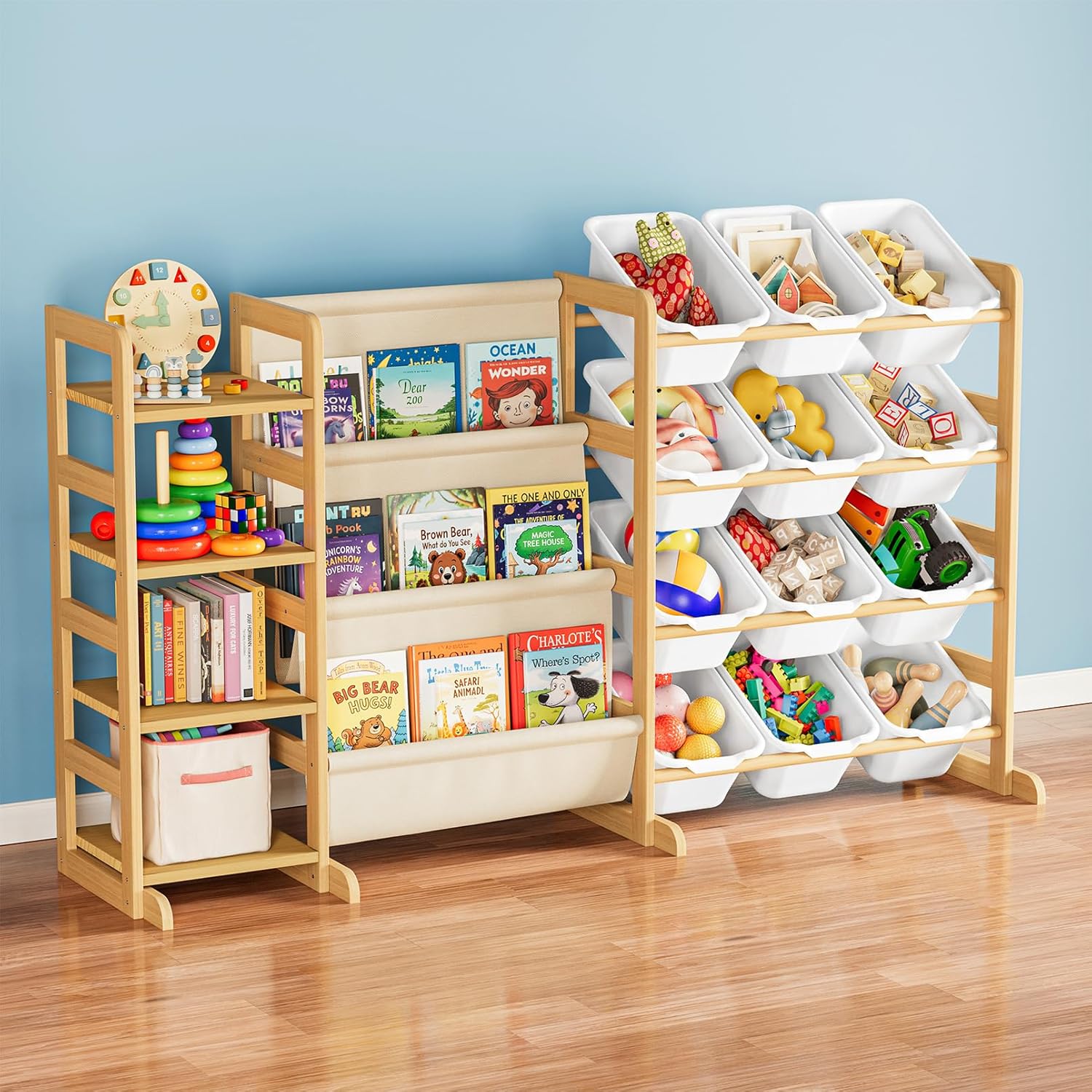 3-in-1 Toy Storage Organizer with 4 Shelves and 12 Bins, Toy Organizers Storage 3-Tier Bookshelf, Kids Bin Shelf Box Bookcase for Bedroom Playroom Organization Room Decor
