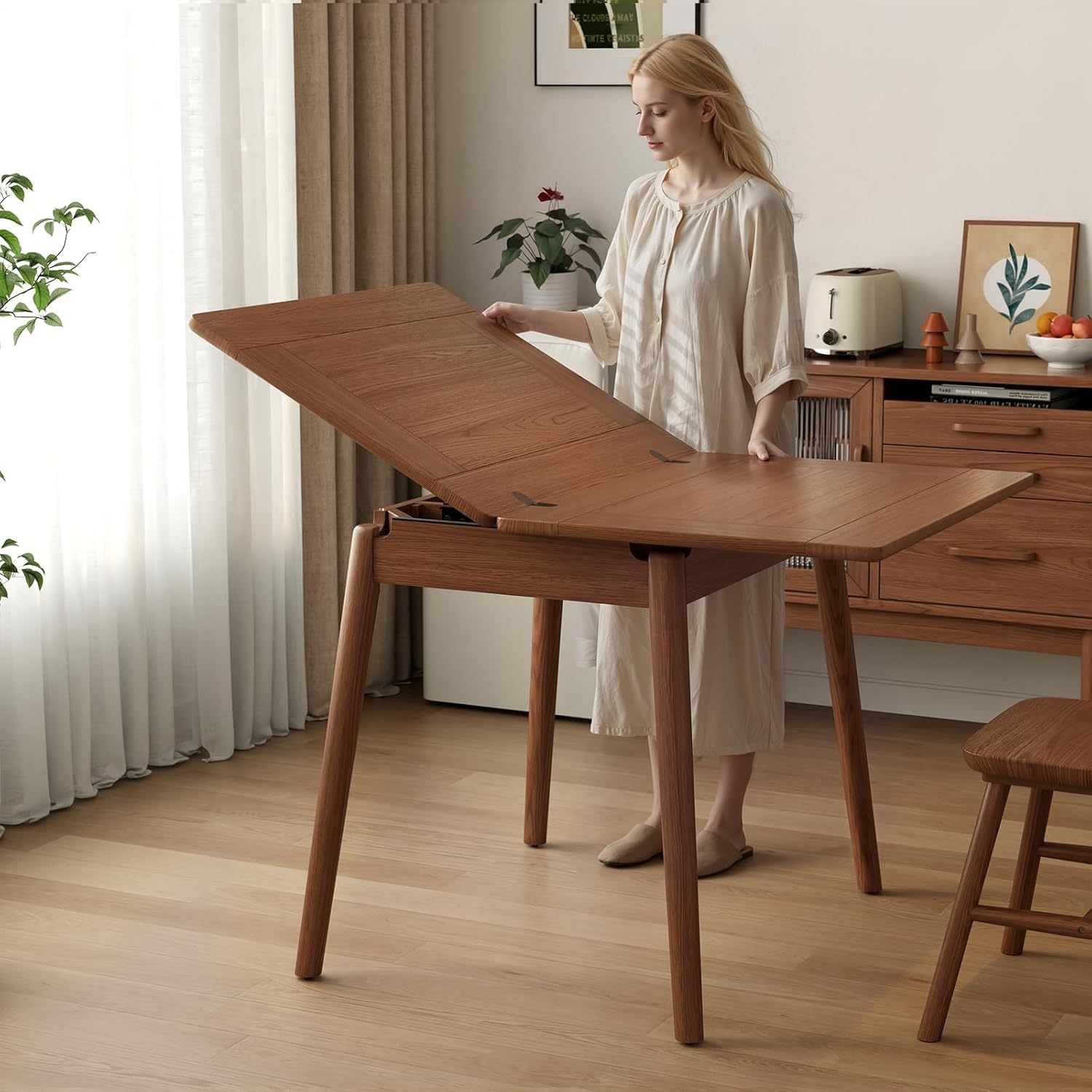 Solid Wood Small Dining Table, 23.6"L-47.2"L Expandable Kitchen Table for 2-6, Designed for Small Spaces, Easy Assembly, Suitable for Kitchen, Dining Room, Living Room, Apartment