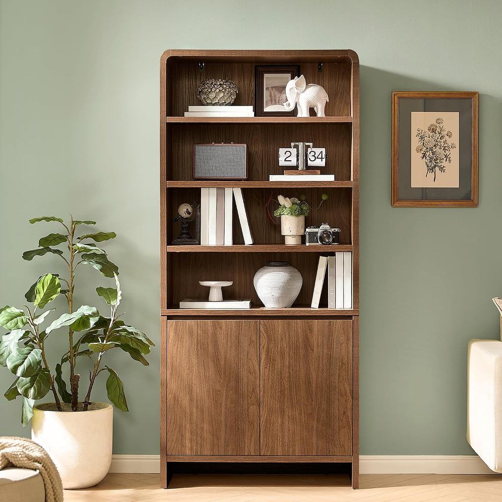 71" Modern Wood Bookcase with Storage Cabinets, Rustic Brown | 6 Tier Bookshelf, Large Space, Adjustable Shelves, Curved Design, Ideal for Living Room, Bedroom, Home Office, Easy Assembly