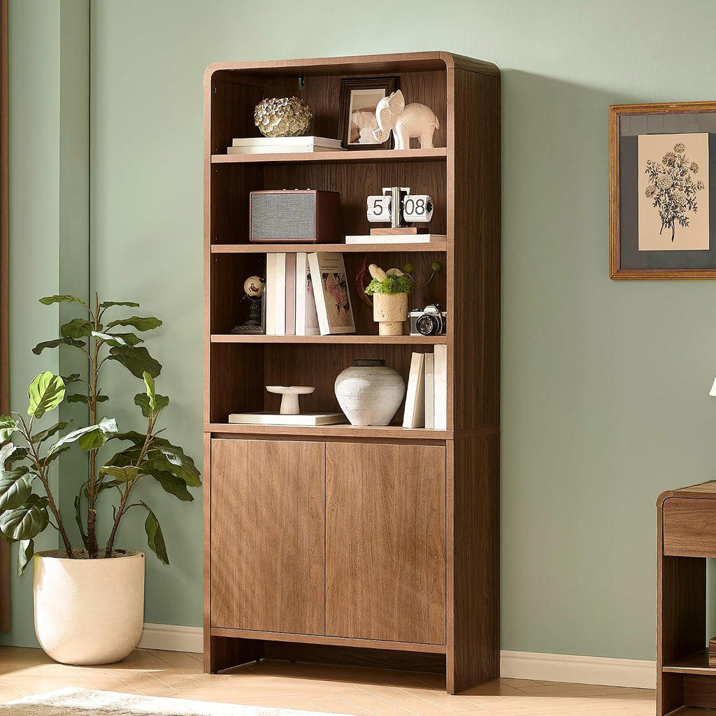 71" Modern Wood Bookcase with Storage Cabinets, Rustic Brown | 6 Tier Bookshelf, Large Space, Adjustable Shelves, Curved Design, Ideal for Living Room, Bedroom, Home Office, Easy Assembly