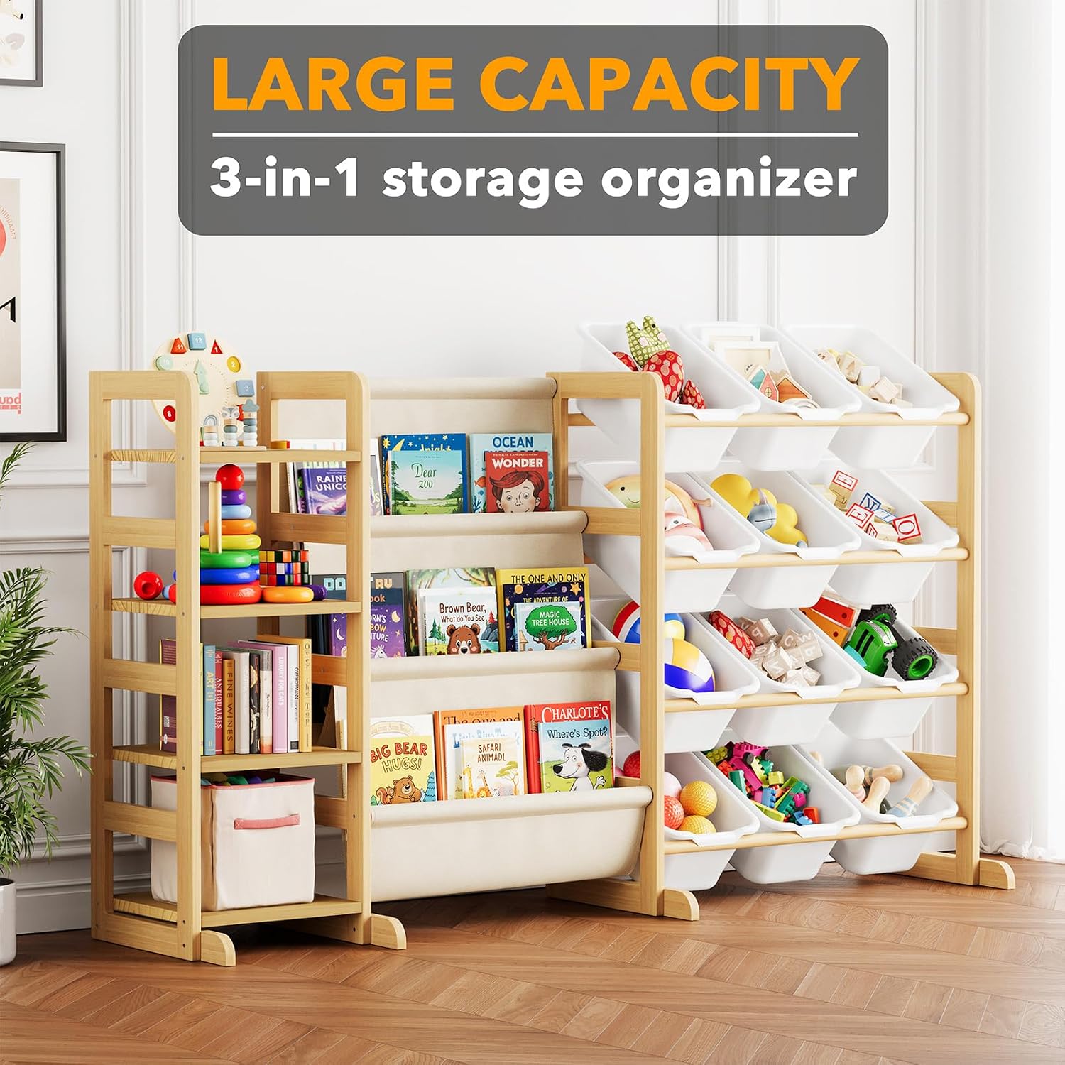 3-in-1 Toy Storage Organizer with 4 Shelves and 12 Bins, Toy Organizers Storage 3-Tier Bookshelf, Kids Bin Shelf Box Bookcase for Bedroom Playroom Organization Room Decor