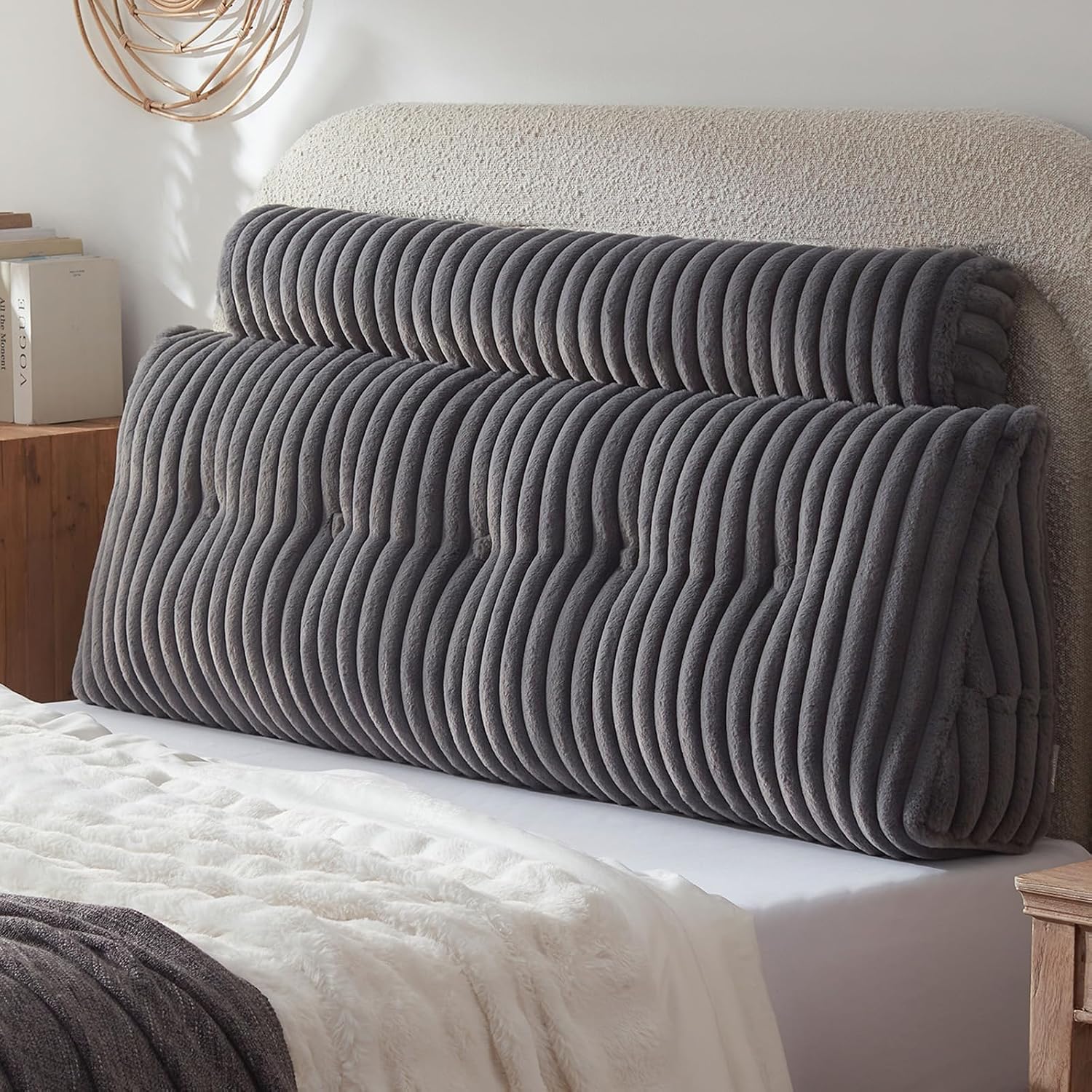 Headboard Pillow + A Long Neck Roll Pillow Body Pillow，Faux Fur Headboard Wedge Pillow with Removable Cover