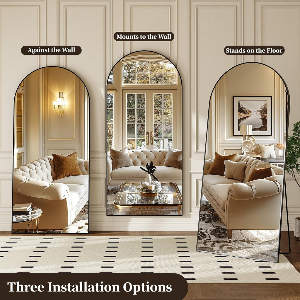 Arched Full Length Mirror, Brushed Black Aluminum Frame Floor Mirror with Stand, HD Shatterproof Glass & Rust-Proof Body Mirror for Bedroom, Living Room, Bathroom, Entryway