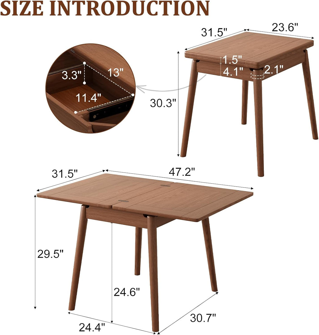 Solid Wood Small Dining Table, 23.6"L-47.2"L Expandable Kitchen Table for 2-6, Designed for Small Spaces, Easy Assembly, Suitable for Kitchen, Dining Room, Living Room, Apartment