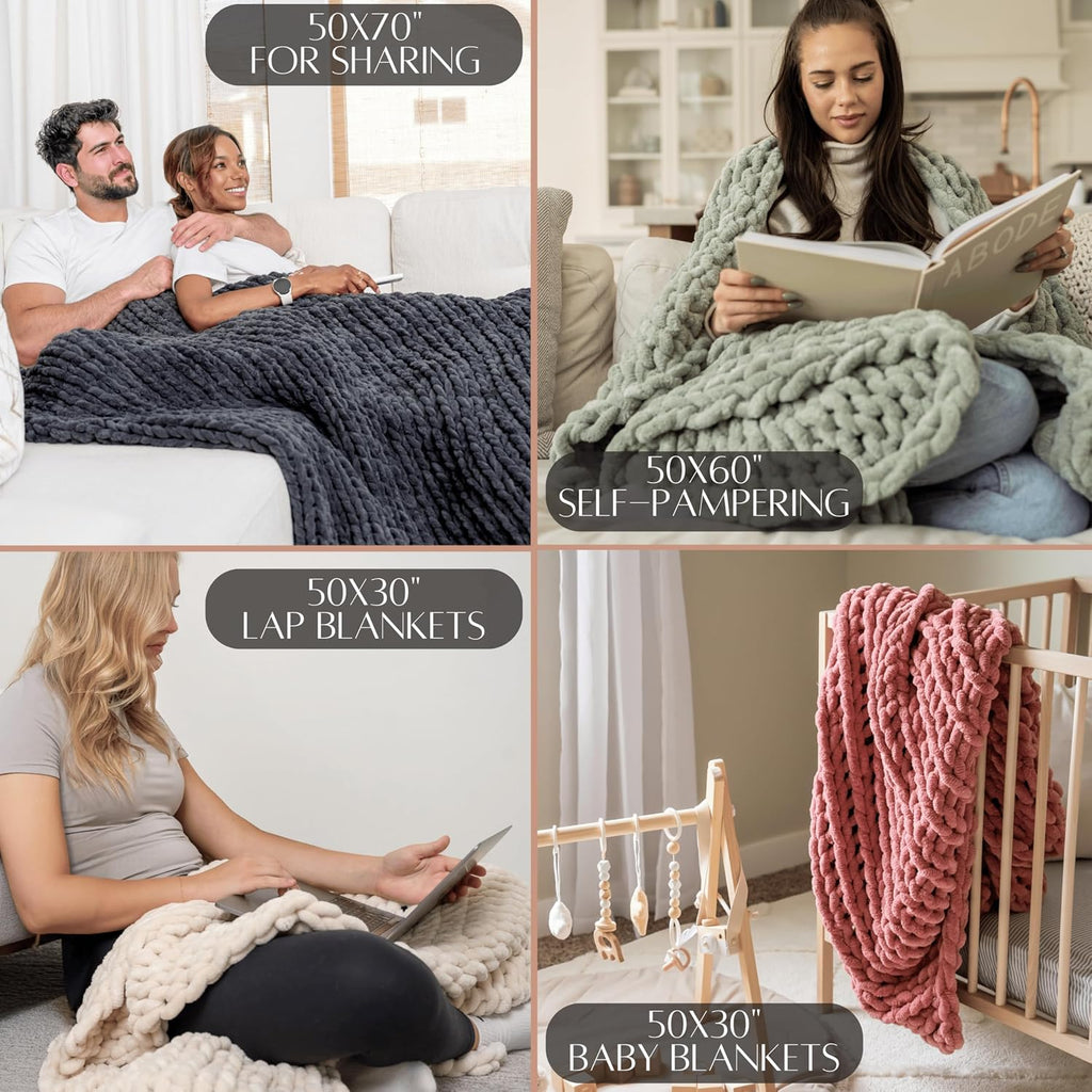 Chunky Knit Throw Blanket 50x60, Buttercream Cream Chenille Throw Blanket for Couch Bed Sofa, Soft Fluffy Cable Knit Blanket, Oeko-TEX Certified, Machine Washable