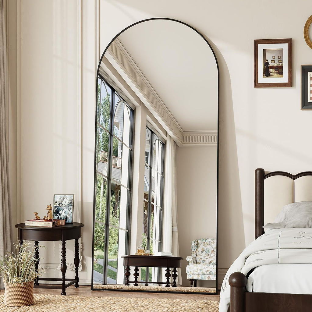 Arched Full Length Mirror, Brushed Black Aluminum Frame Floor Mirror with Stand, HD Shatterproof Glass & Rust-Proof Body Mirror for Bedroom, Living Room, Bathroom, Entryway