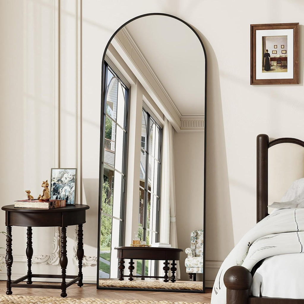 Arched Full Length Mirror, Brushed Black Aluminum Frame Floor Mirror with Stand, HD Shatterproof Glass & Rust-Proof Body Mirror for Bedroom, Living Room, Bathroom, Entryway