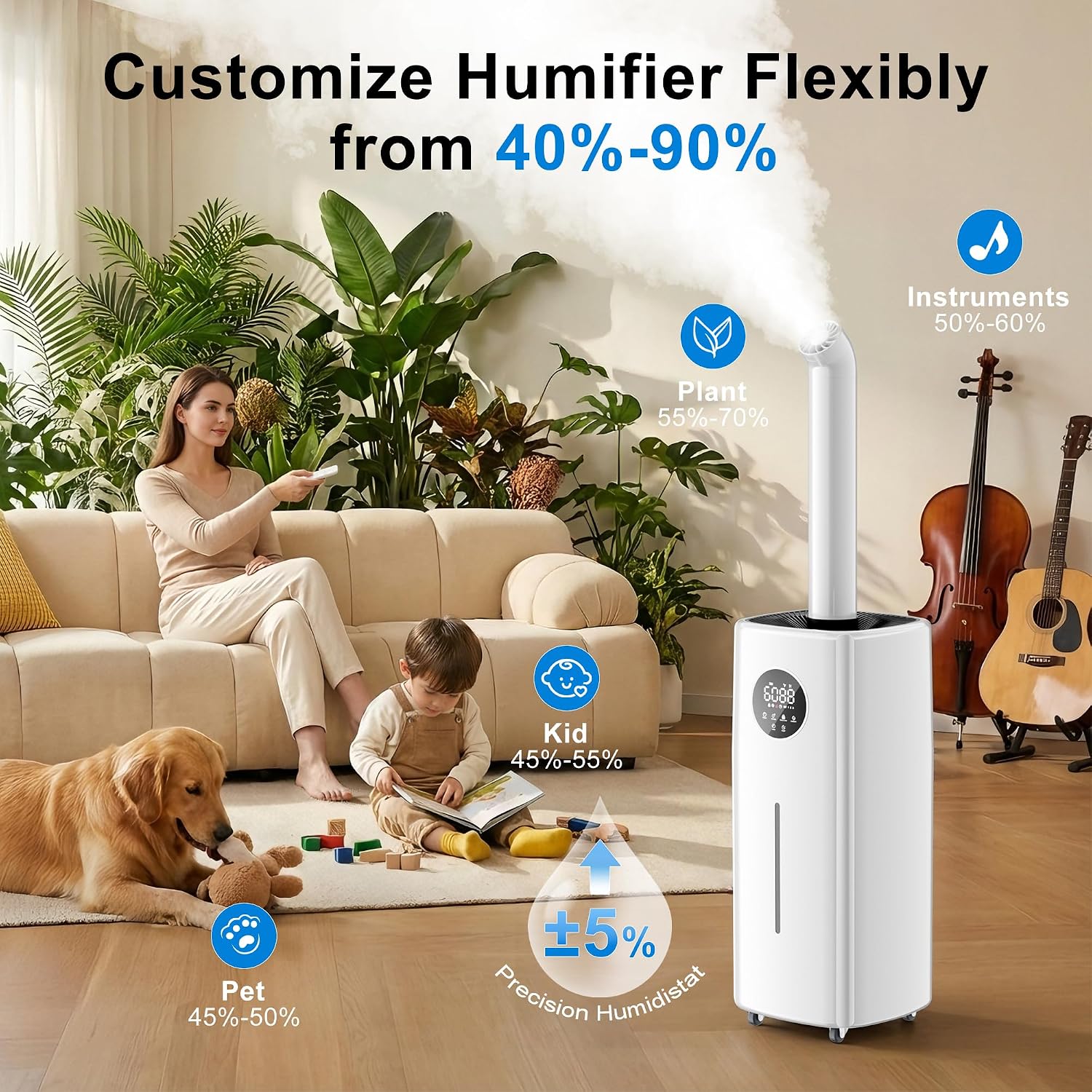 5.5Gal/21L Humidifier for Large Room 3000sq.ft, 2000ml/h Dual 360° Nozzles Ultrasonic Humidifiers for Bedroom, Remote/Touch Control,4 Atomizing Plates, Top Fill, 12H Timer