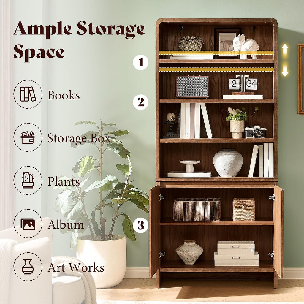 71" Modern Wood Bookcase with Storage Cabinets, Rustic Brown | 6 Tier Bookshelf, Large Space, Adjustable Shelves, Curved Design, Ideal for Living Room, Bedroom, Home Office, Easy Assembly