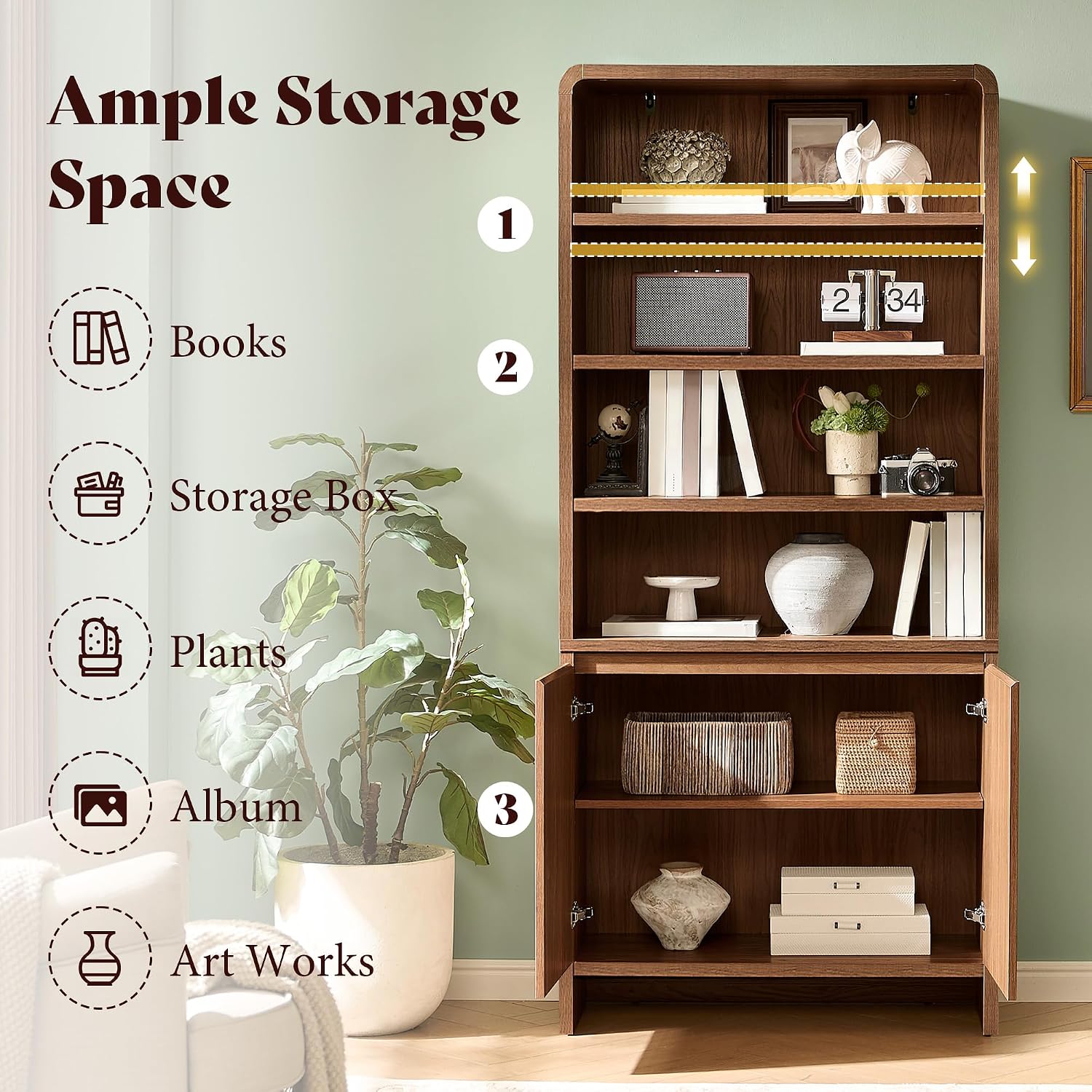 71" Modern Wood Bookcase with Storage Cabinets, Rustic Brown | 6 Tier Bookshelf, Large Space, Adjustable Shelves, Curved Design, Ideal for Living Room, Bedroom, Home Office, Easy Assembly