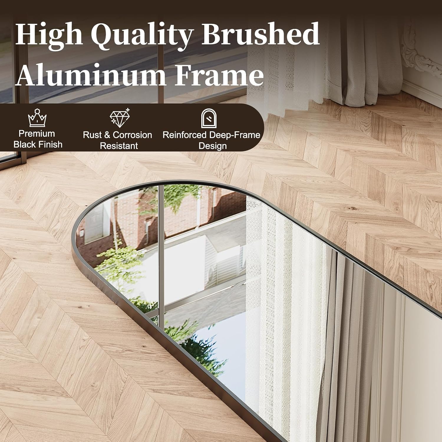 Arched Full Length Mirror, Brushed Black Aluminum Frame Floor Mirror with Stand, HD Shatterproof Glass & Rust-Proof Body Mirror for Bedroom, Living Room, Bathroom, Entryway