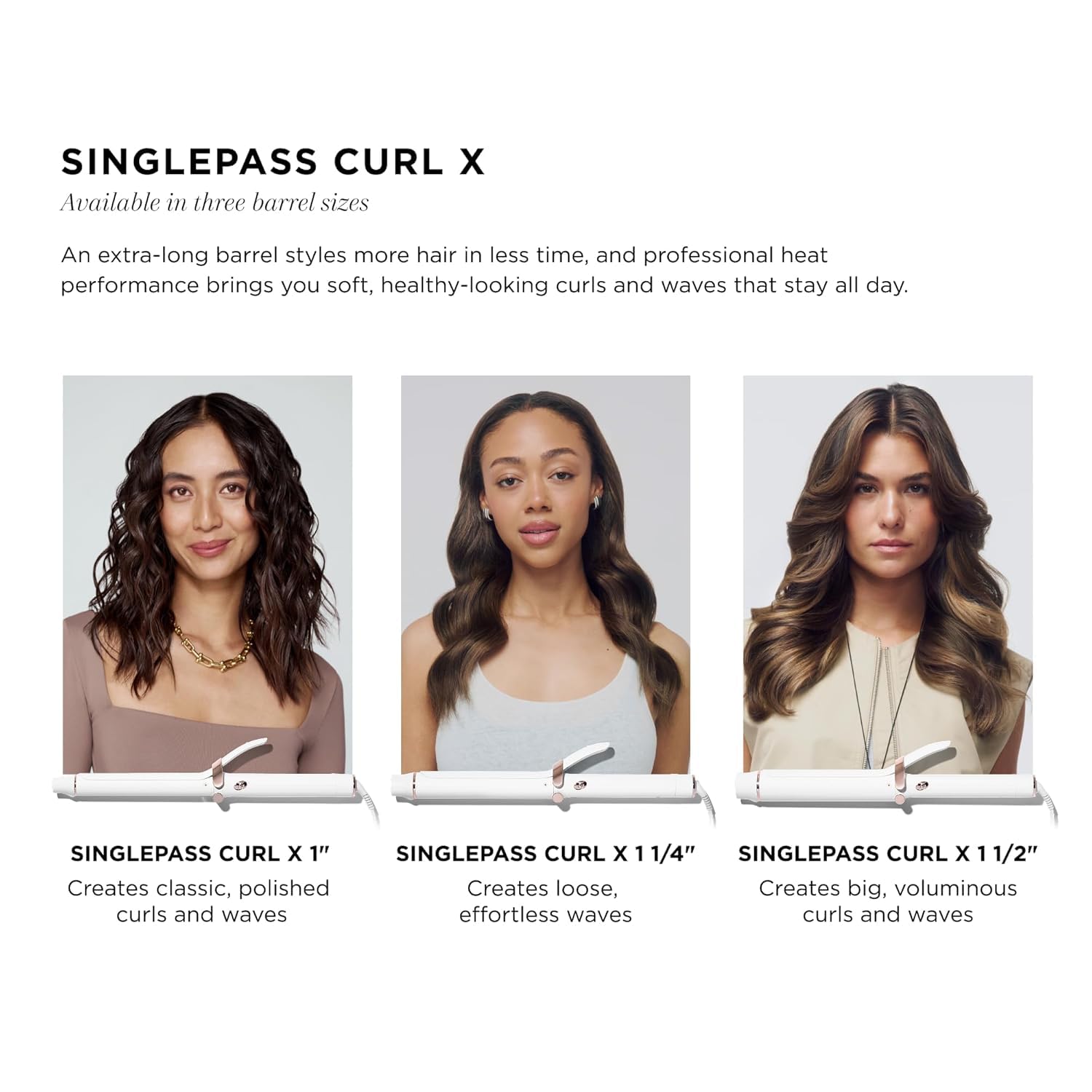 SinglePass Curl X Extra-Long Barrel 1", 1.25", 1.5" Curling Iron with 9 Heat Settings and Ceramic Barrel for Fast Styling and Lasting Results on All Hair Types