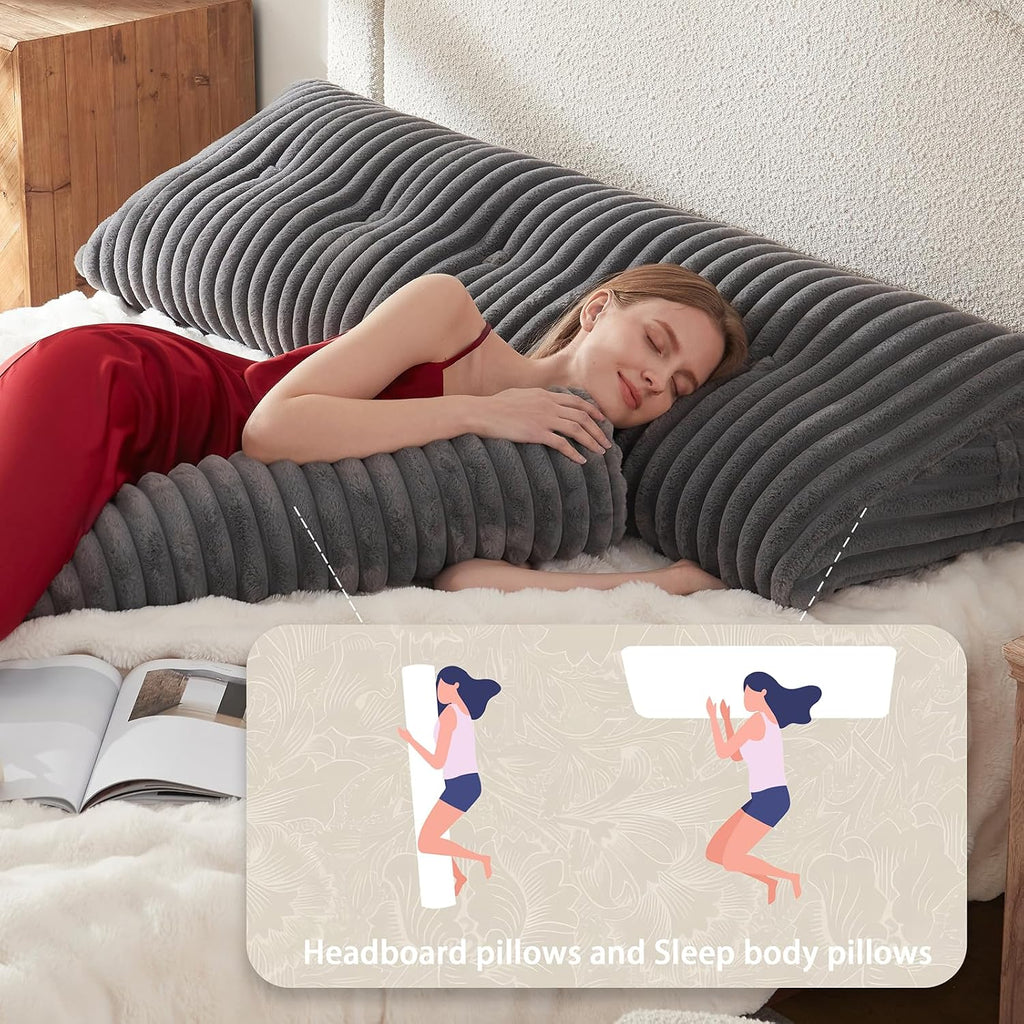 Headboard Pillow + A Long Neck Roll Pillow Body Pillow，Faux Fur Headboard Wedge Pillow with Removable Cover