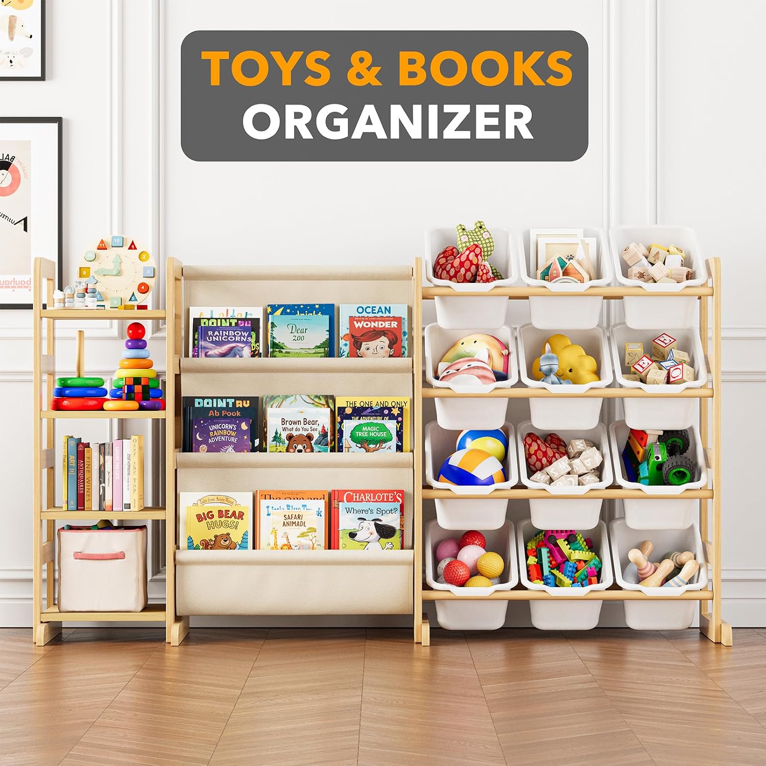 3-in-1 Toy Storage Organizer with 4 Shelves and 12 Bins, Toy Organizers Storage 3-Tier Bookshelf, Kids Bin Shelf Box Bookcase for Bedroom Playroom Organization Room Decor