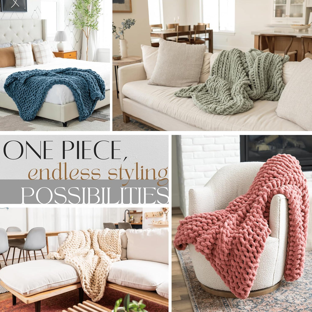 Chunky Knit Throw Blanket 50x60, Buttercream Cream Chenille Throw Blanket for Couch Bed Sofa, Soft Fluffy Cable Knit Blanket, Oeko-TEX Certified, Machine Washable