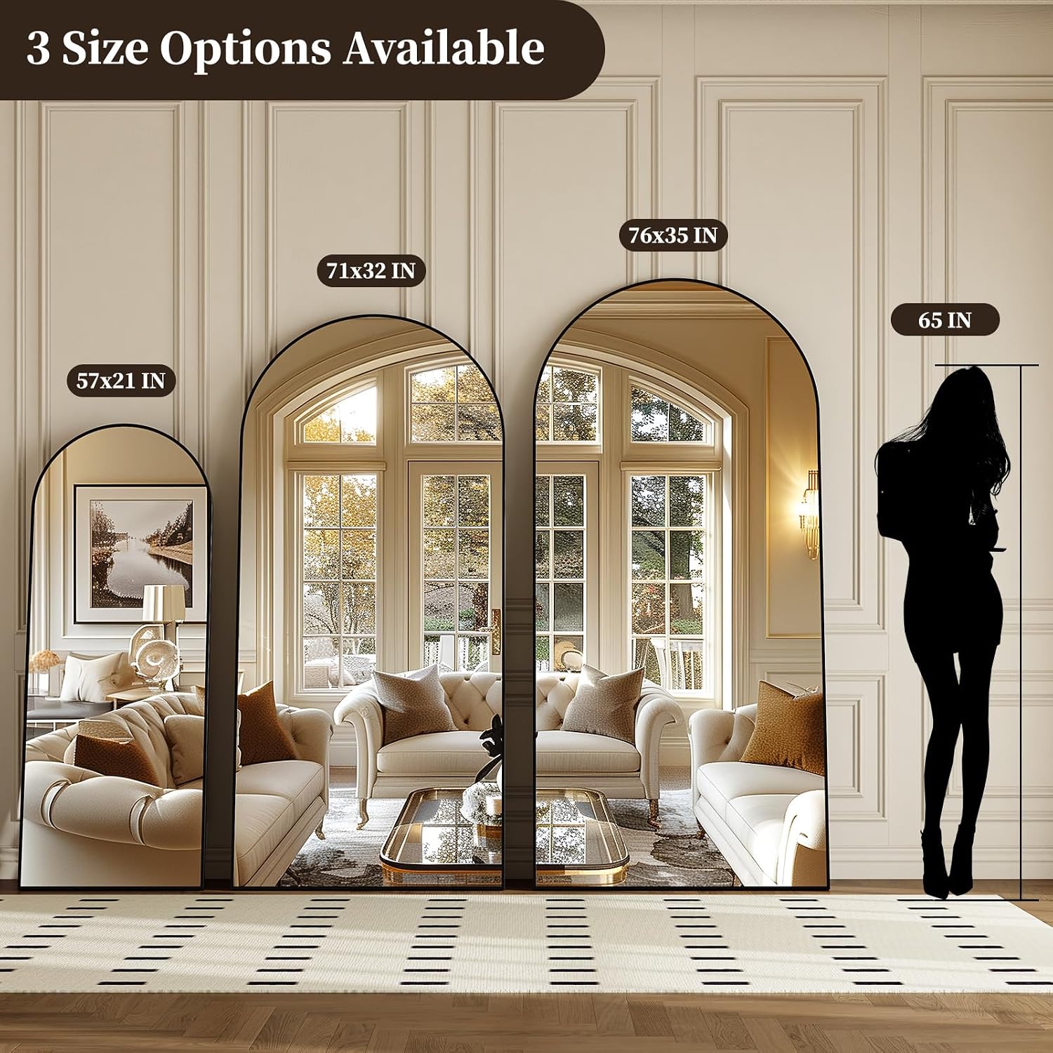 Arched Full Length Mirror, Brushed Black Aluminum Frame Floor Mirror with Stand, HD Shatterproof Glass & Rust-Proof Body Mirror for Bedroom, Living Room, Bathroom, Entryway