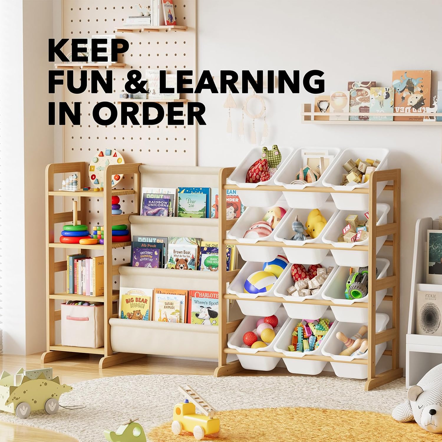 3-in-1 Toy Storage Organizer with 4 Shelves and 12 Bins, Toy Organizers Storage 3-Tier Bookshelf, Kids Bin Shelf Box Bookcase for Bedroom Playroom Organization Room Decor