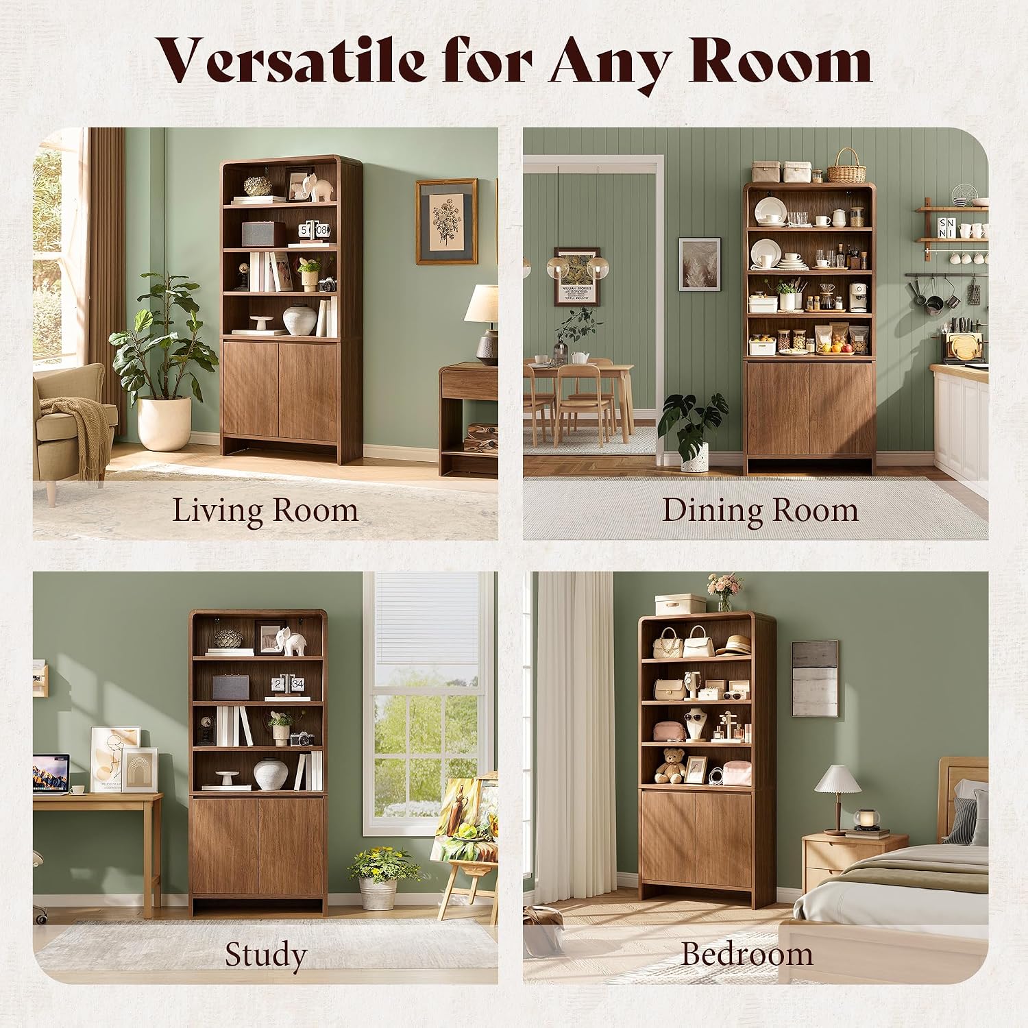 71" Modern Wood Bookcase with Storage Cabinets, Rustic Brown | 6 Tier Bookshelf, Large Space, Adjustable Shelves, Curved Design, Ideal for Living Room, Bedroom, Home Office, Easy Assembly