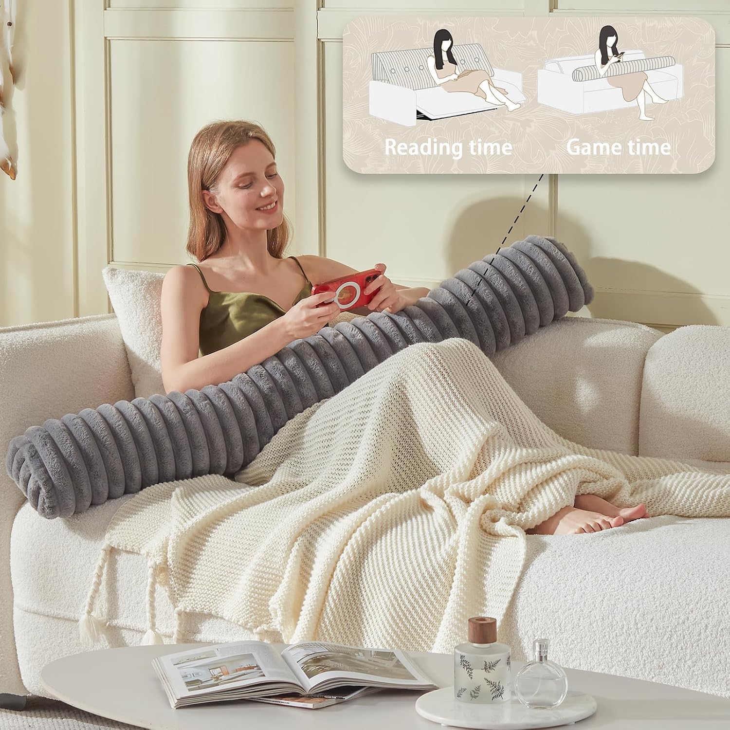 Headboard Pillow + A Long Neck Roll Pillow Body Pillow，Faux Fur Headboard Wedge Pillow with Removable Cover