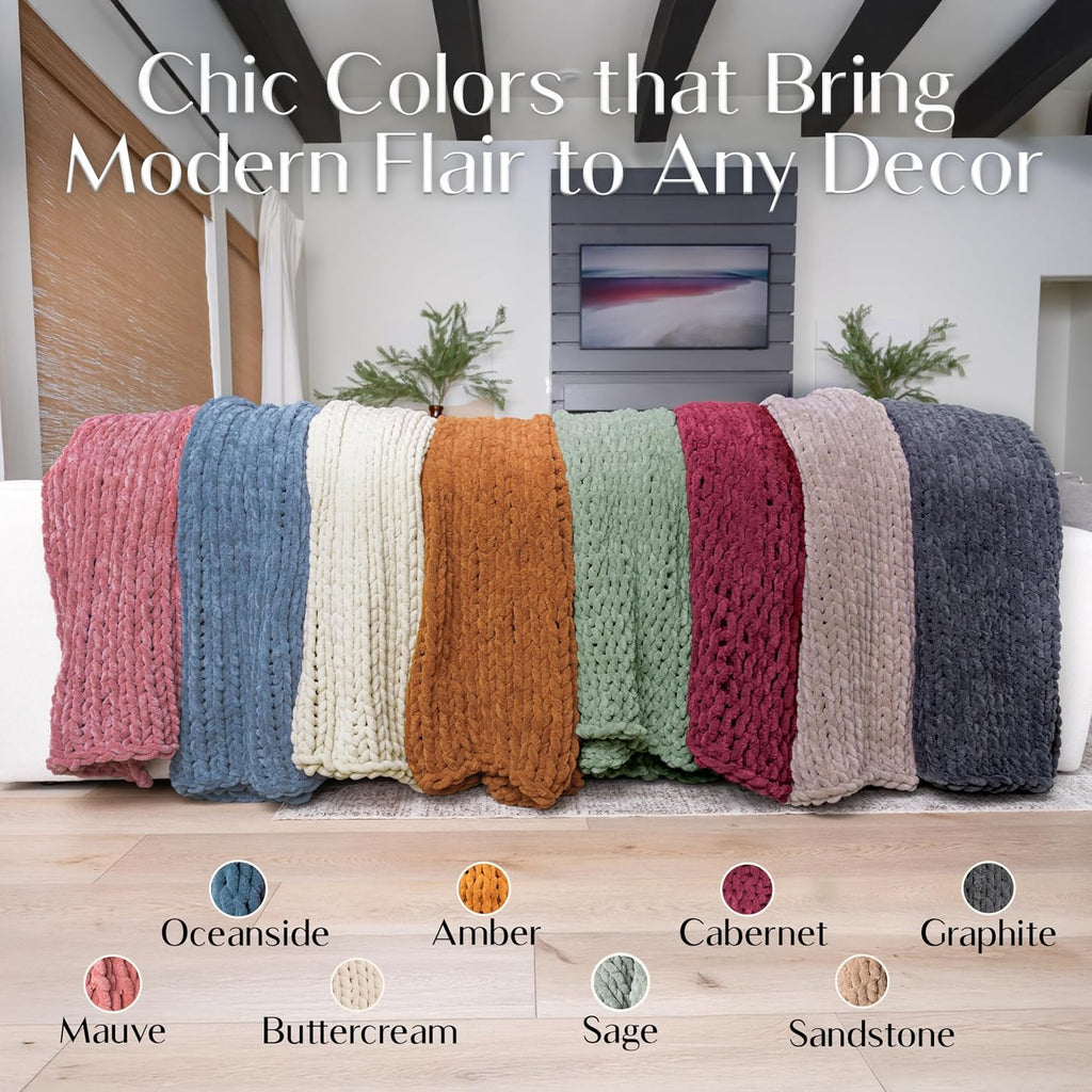 Chunky Knit Throw Blanket 50x60, Buttercream Cream Chenille Throw Blanket for Couch Bed Sofa, Soft Fluffy Cable Knit Blanket, Oeko-TEX Certified, Machine Washable