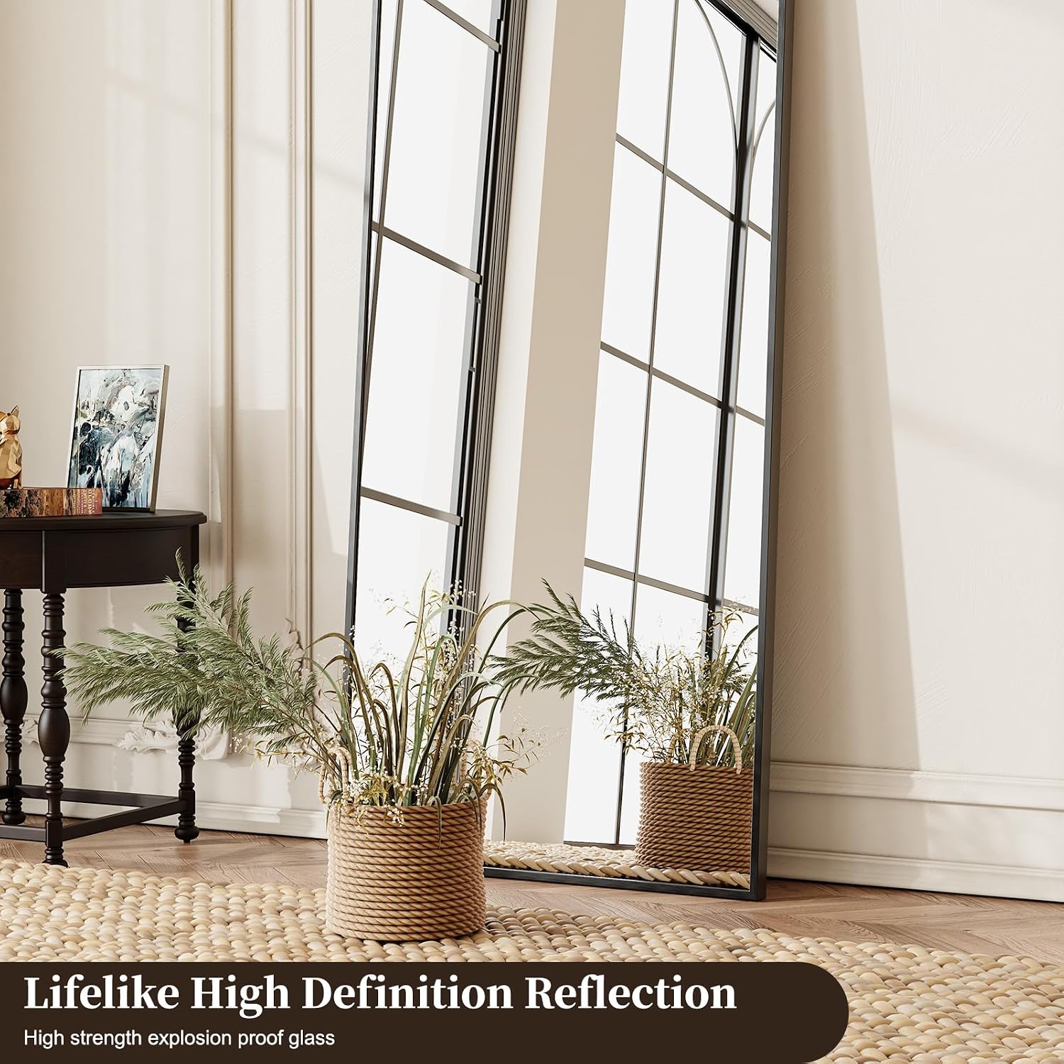 Arched Full Length Mirror, Brushed Black Aluminum Frame Floor Mirror with Stand, HD Shatterproof Glass & Rust-Proof Body Mirror for Bedroom, Living Room, Bathroom, Entryway