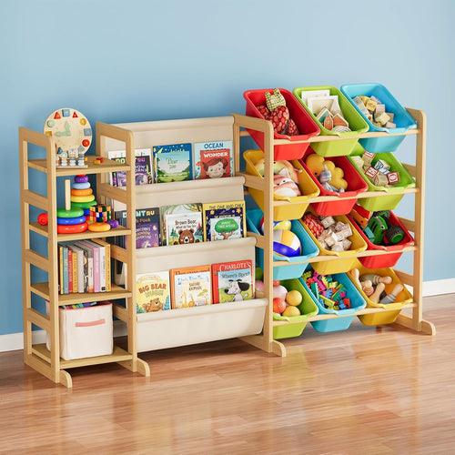 3-in-1 Toy Storage Organizer with 4 Shelves and 12 Bins, Toy Organizers Storage 3-Tier Bookshelf, Kids Bin Shelf Box Bookcase for Bedroom Playroom Organization Room Decor