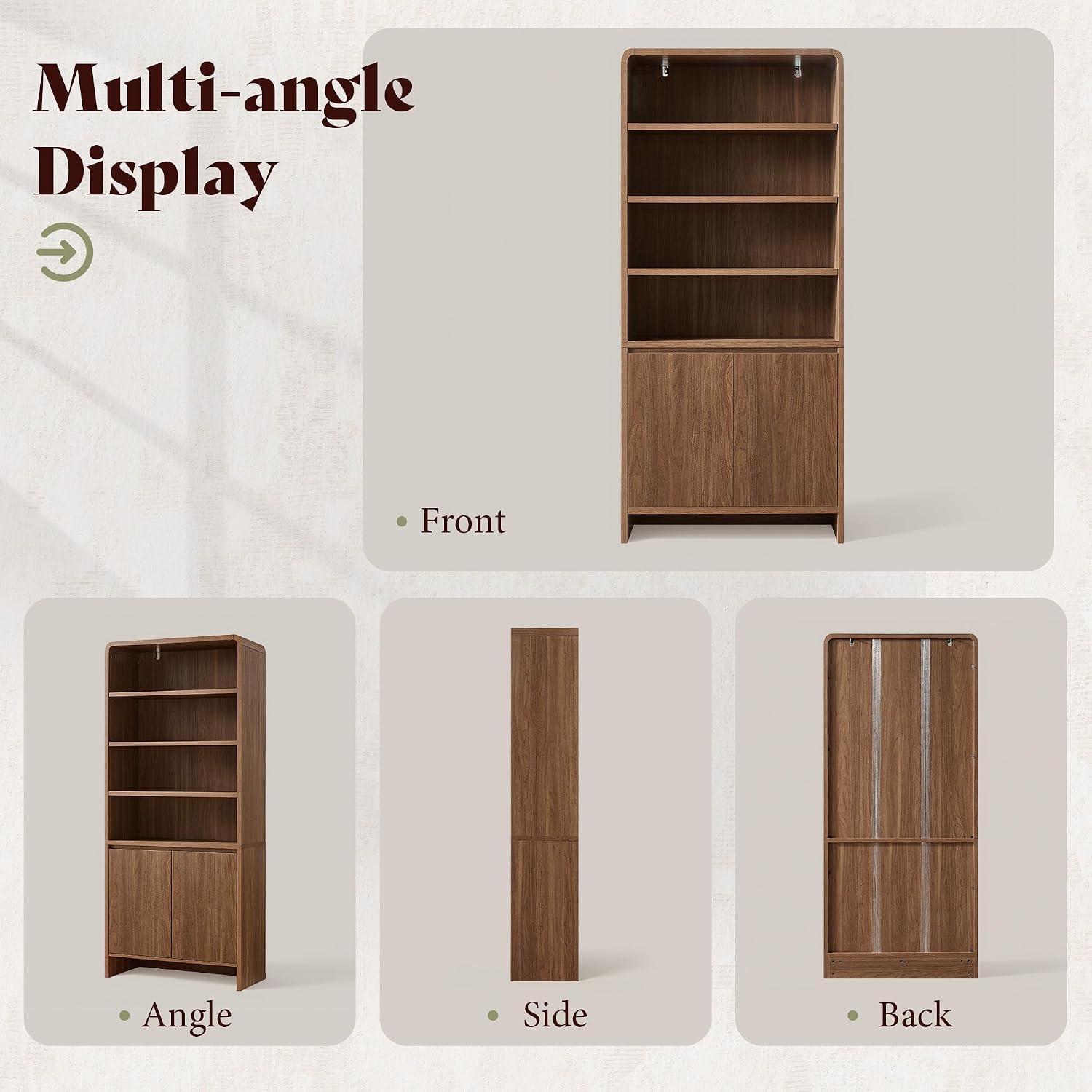 71" Modern Wood Bookcase with Storage Cabinets, Rustic Brown | 6 Tier Bookshelf, Large Space, Adjustable Shelves, Curved Design, Ideal for Living Room, Bedroom, Home Office, Easy Assembly