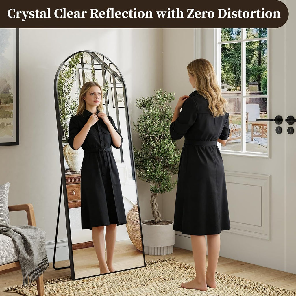 Arched Full Length Mirror, Brushed Black Aluminum Frame Floor Mirror with Stand, HD Shatterproof Glass & Rust-Proof Body Mirror for Bedroom, Living Room, Bathroom, Entryway