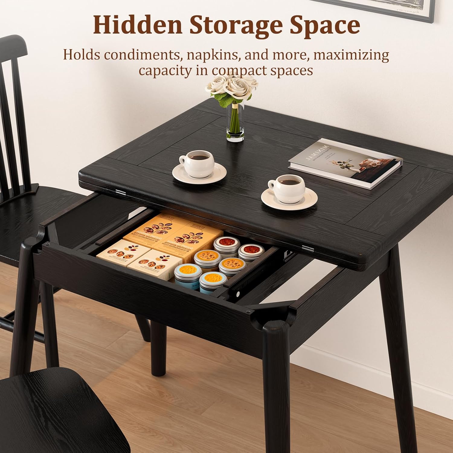Solid Wood Small Dining Table, 23.6"L-47.2"L Expandable Kitchen Table for 2-6, Designed for Small Spaces, Easy Assembly, Suitable for Kitchen, Dining Room, Living Room, Apartment
