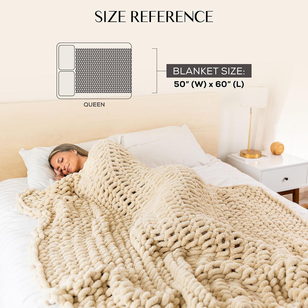 Chunky Knit Throw Blanket 50x60, Buttercream Cream Chenille Throw Blanket for Couch Bed Sofa, Soft Fluffy Cable Knit Blanket, Oeko-TEX Certified, Machine Washable