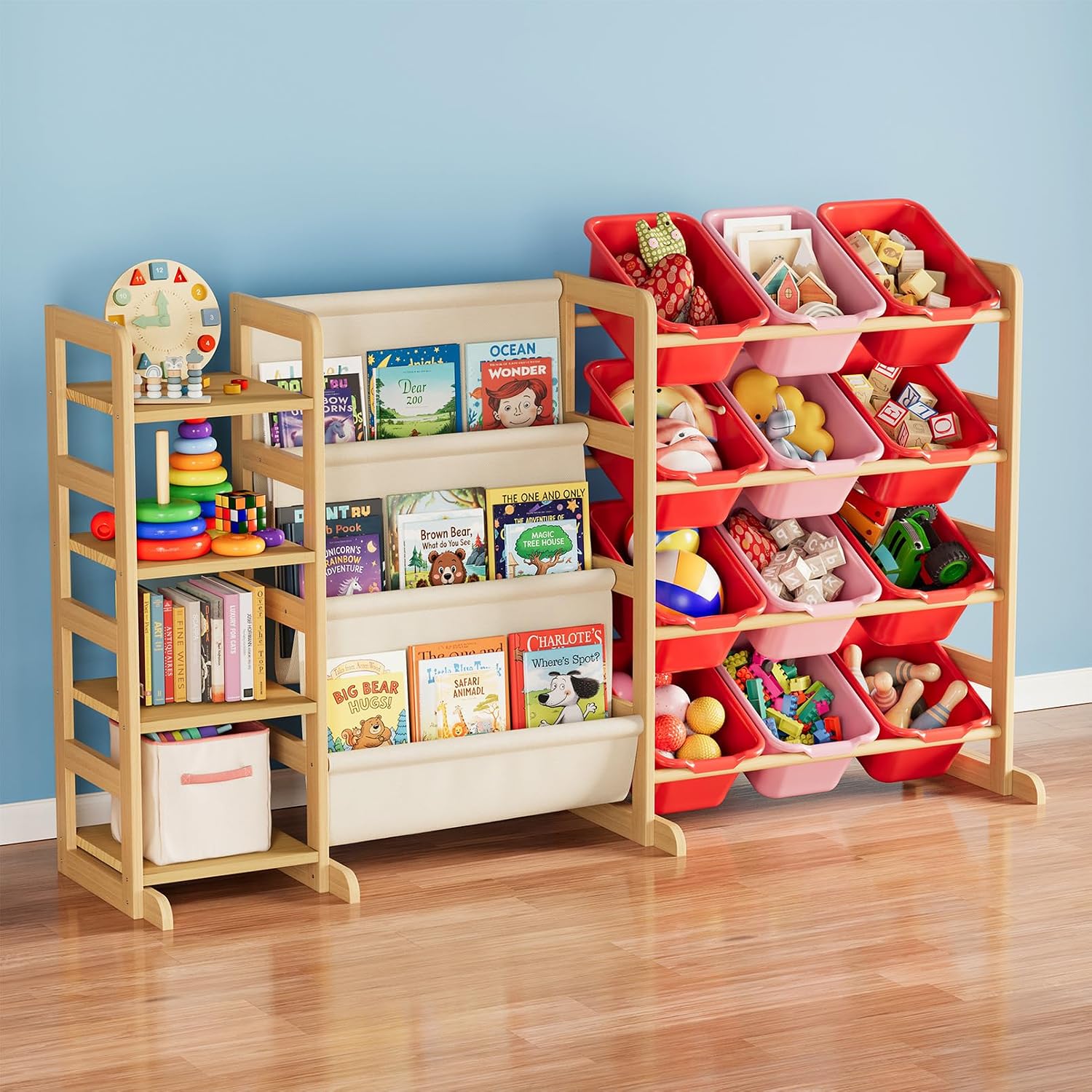 3-in-1 Toy Storage Organizer with 4 Shelves and 12 Bins, Toy Organizers Storage 3-Tier Bookshelf, Kids Bin Shelf Box Bookcase for Bedroom Playroom Organization Room Decor