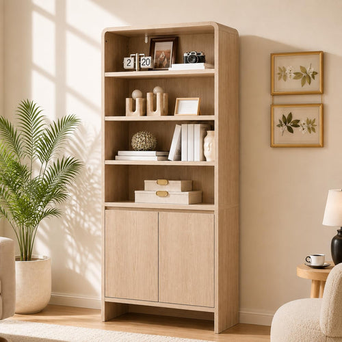 71" Modern Wood Bookcase with Storage Cabinets, Rustic Brown | 6 Tier Bookshelf, Large Space, Adjustable Shelves, Curved Design, Ideal for Living Room, Bedroom, Home Office, Easy Assembly
